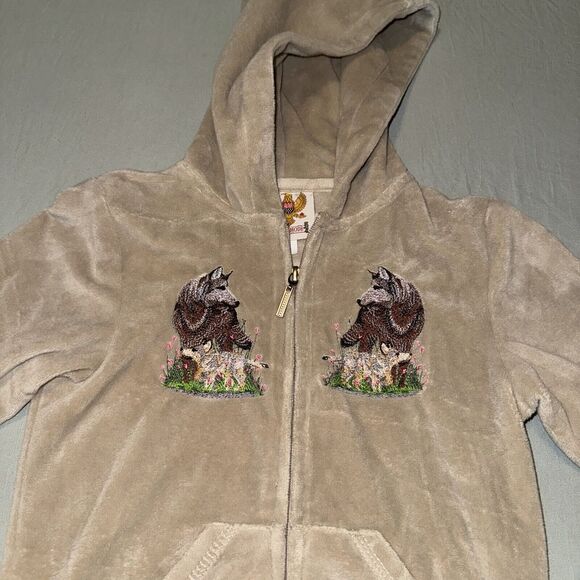 Ameri Mode Fleece Hoodie Girls 4 Taupe Patch Wolves Wolf Long Sleeve Full Zip - Picture 4 of 8